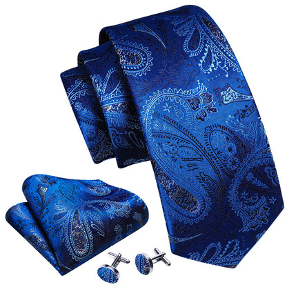 Blue White Paisley Silk Tie, Pocket Square and Cufflinks Set tie sets    - Sophisticated Gentlemen
