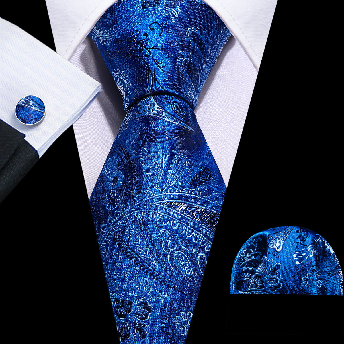 Blue White Paisley Silk Tie, Pocket Square and Cufflinks Set tie sets    - Sophisticated Gentlemen