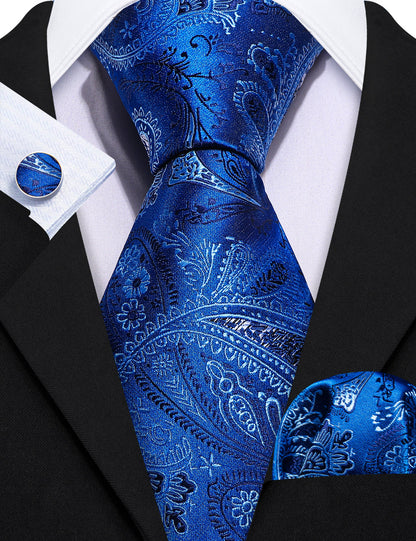 Blue White Paisley Silk Tie, Pocket Square and Cufflinks Set tie sets    - Sophisticated Gentlemen
