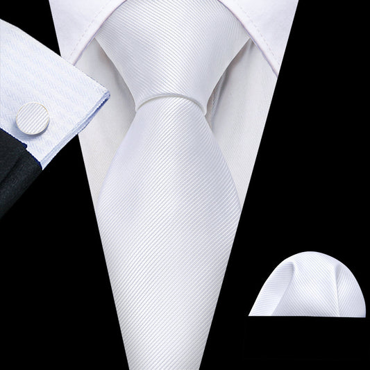 White Solid Silk Tie, Pocket Square and Cufflinks Set tie sets    - Sophisticated Gentlemen