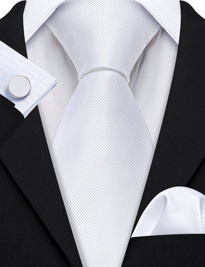 White Solid Silk Tie, Pocket Square and Cufflinks Set tie sets    - Sophisticated Gentlemen