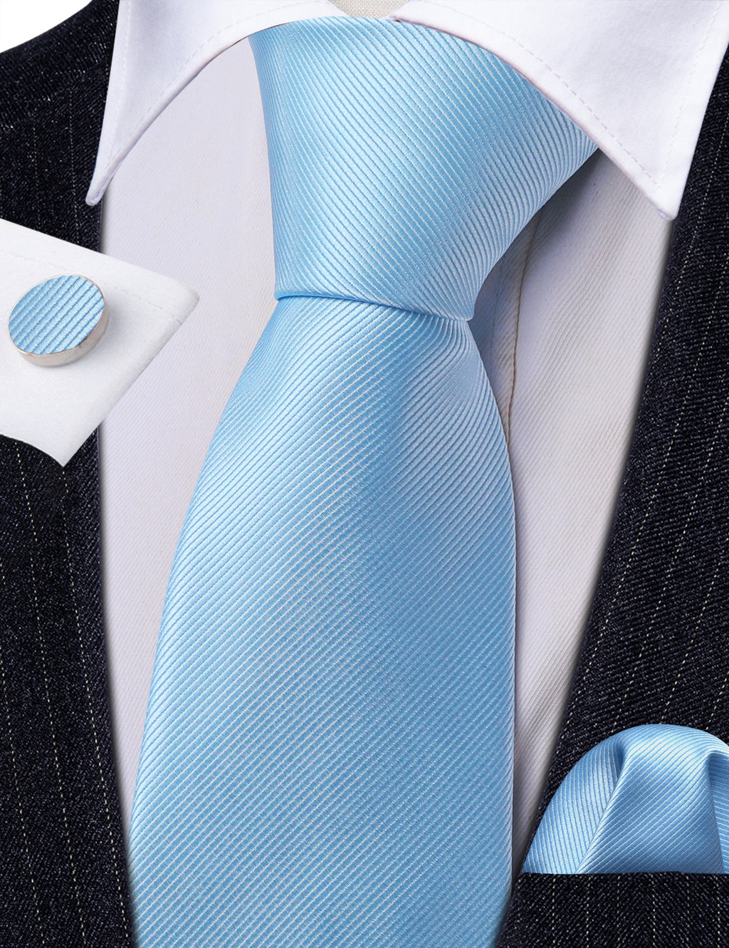 Pale Blue Solid Silk Tie, Pocket Square and Cufflinks Set tie sets    - Sophisticated Gentlemen