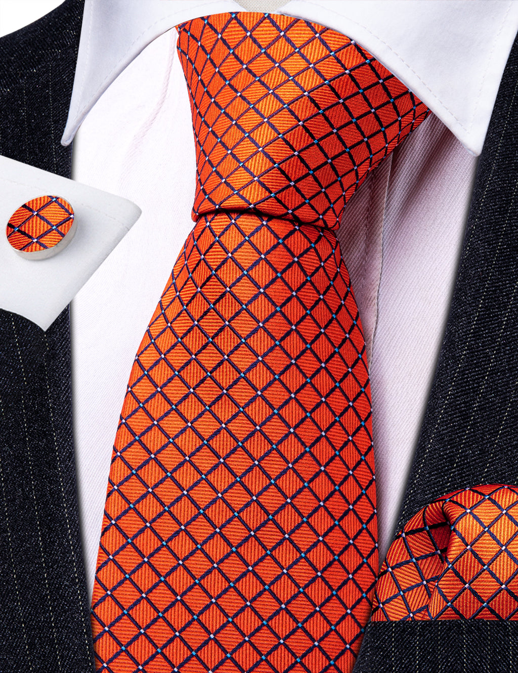 Orange Plaid Silk Tie, Pocket Square and Cufflinks Set tie sets    - Sophisticated Gentlemen