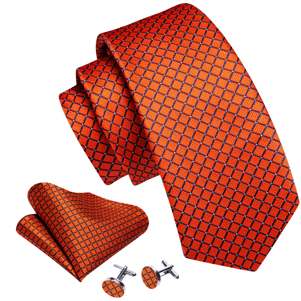 Orange Plaid Silk Tie, Pocket Square and Cufflinks Set tie sets    - Sophisticated Gentlemen