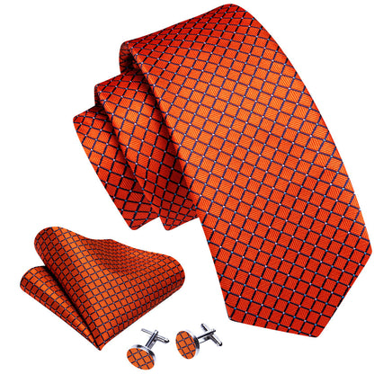 Orange Plaid Silk Tie, Pocket Square and Cufflinks Set tie sets    - Sophisticated Gentlemen