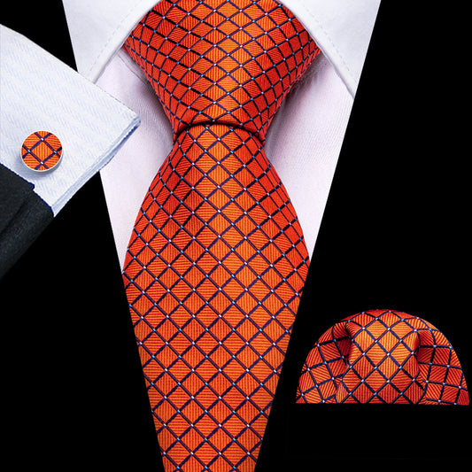 Orange Plaid Silk Tie, Pocket Square and Cufflinks Set tie sets    - Sophisticated Gentlemen