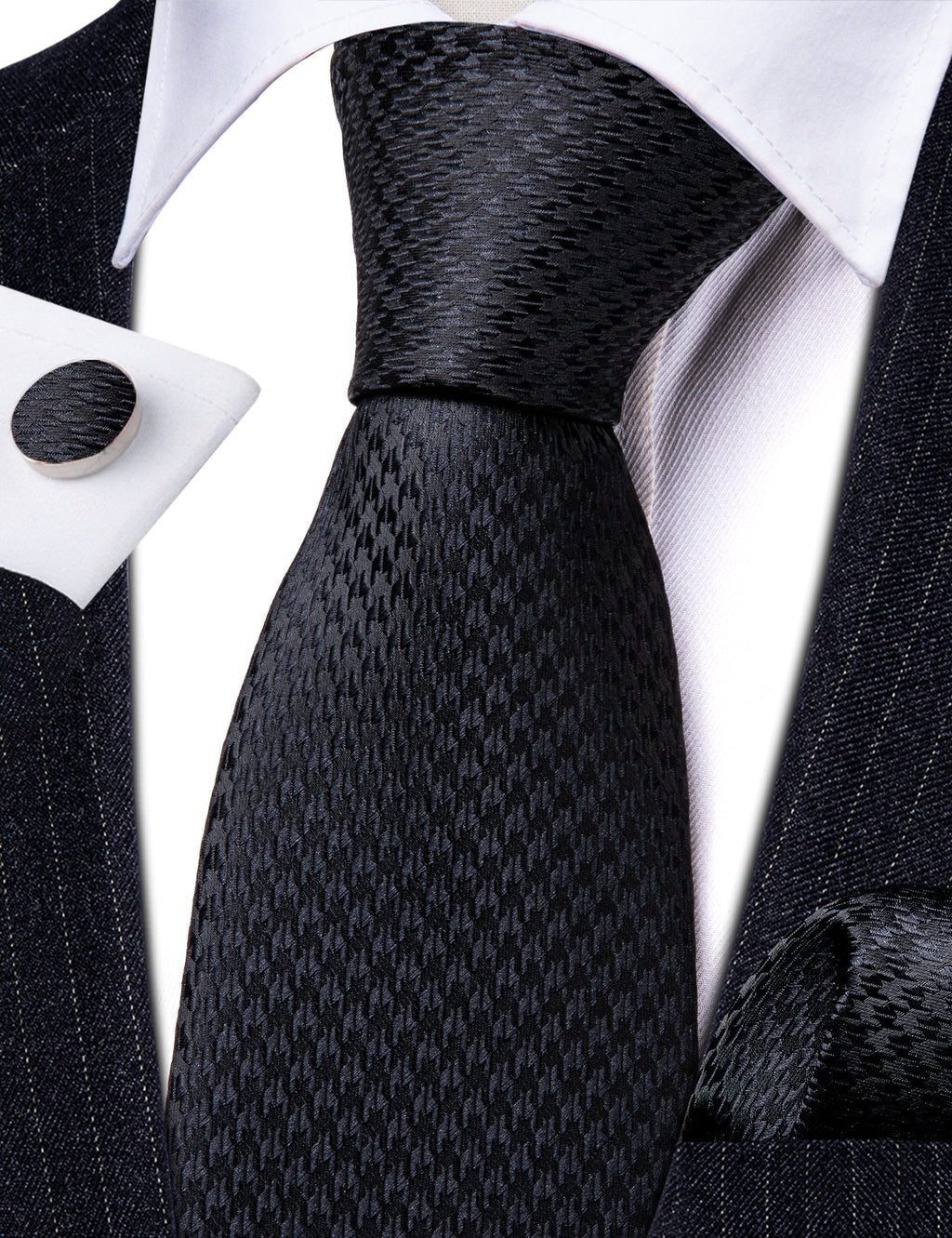 Black Jacquard Solid Silk Tie, Pocket Square and Cufflinks Set tie sets    - Sophisticated Gentlemen