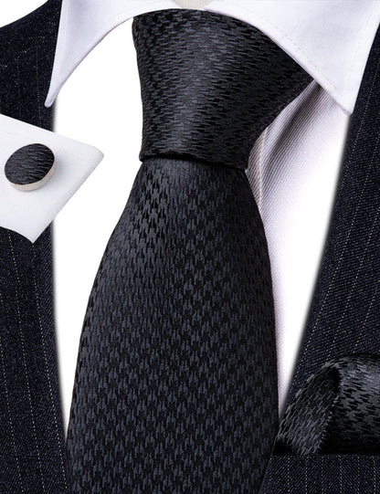 Black Jacquard Solid Silk Tie, Pocket Square and Cufflinks Set tie sets    - Sophisticated Gentlemen