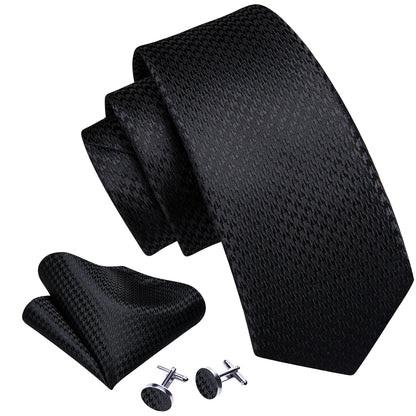 Black Jacquard Solid Silk Tie, Pocket Square and Cufflinks Set tie sets    - Sophisticated Gentlemen