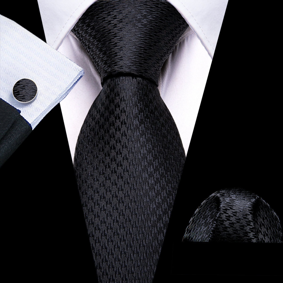 Black Jacquard Solid Silk Tie, Pocket Square and Cufflinks Set tie sets    - Sophisticated Gentlemen