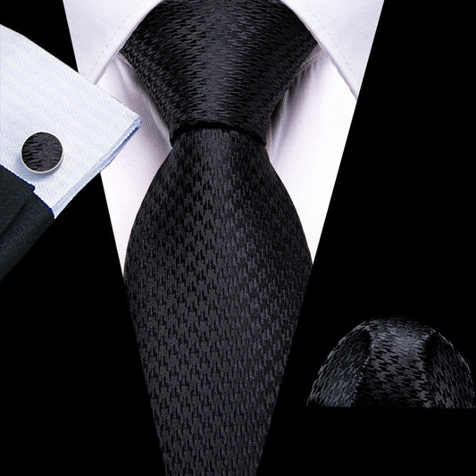 Black Jacquard Solid Silk Tie, Pocket Square and Cufflinks Set tie sets    - Sophisticated Gentlemen