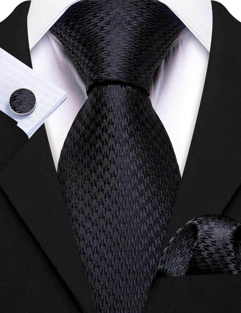 Black Jacquard Solid Silk Tie, Pocket Square and Cufflinks Set tie sets    - Sophisticated Gentlemen