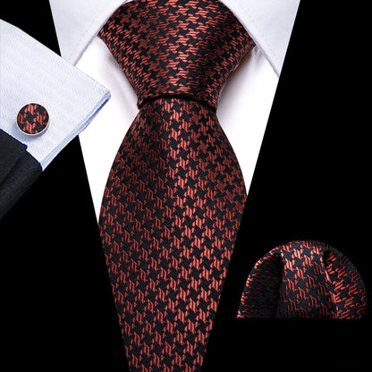 Brown Geometric Silk Tie, Pocket Square and Cufflinks Set tie sets    - Sophisticated Gentlemen