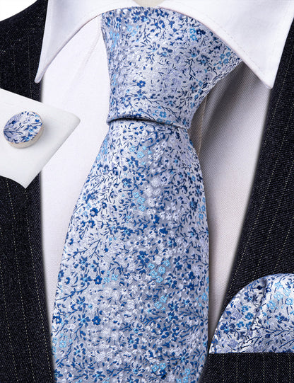 Light Blue Floral Silk Tie, Pocket Square and Cufflinks Set tie sets    - Sophisticated Gentlemen