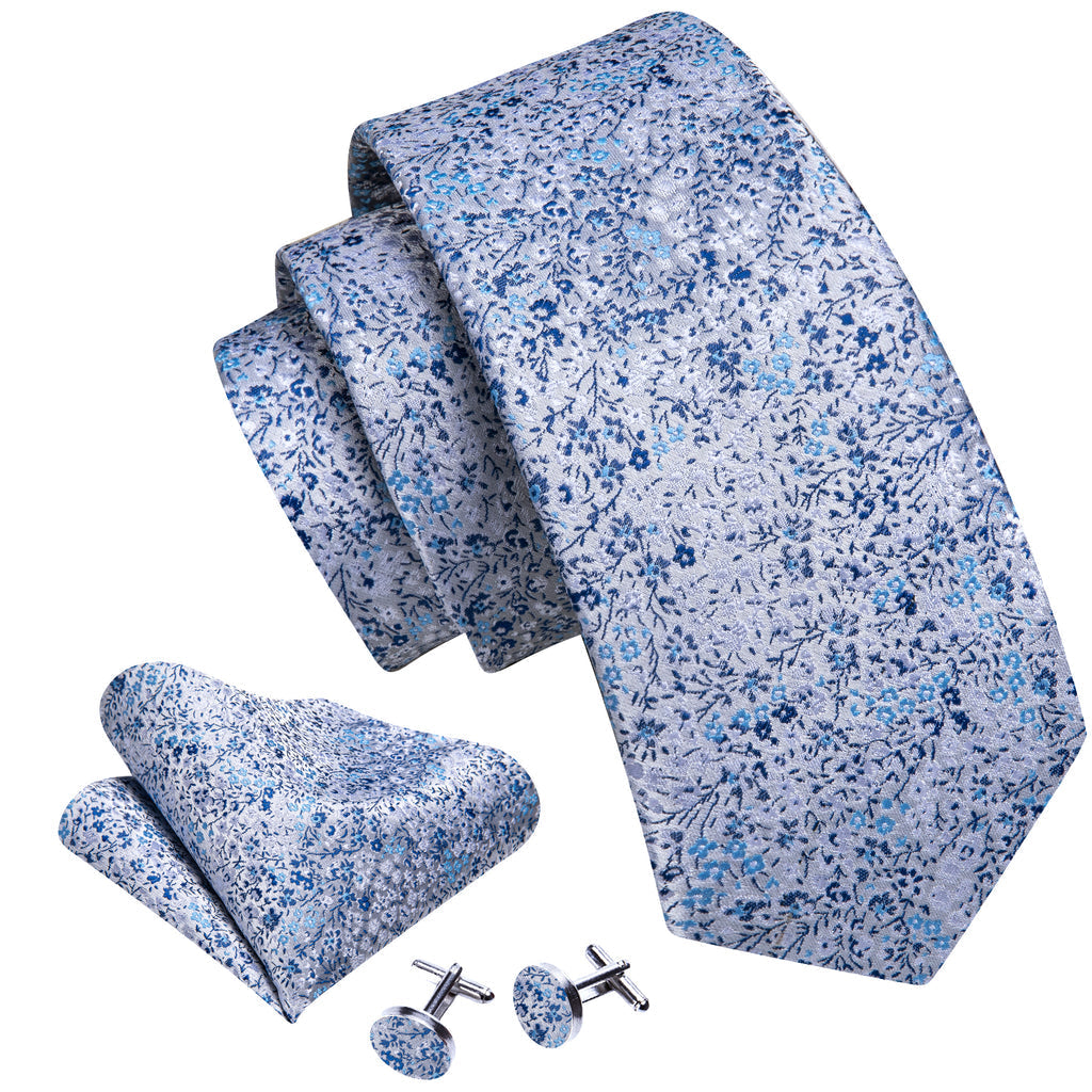 Light Blue Floral Silk Tie, Pocket Square and Cufflinks Set tie sets    - Sophisticated Gentlemen