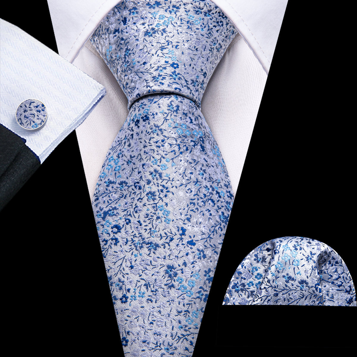 Light Blue Floral Silk Tie, Pocket Square and Cufflinks Set tie sets    - Sophisticated Gentlemen