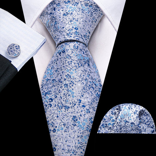 Light Blue Floral Silk Tie, Pocket Square and Cufflinks Set tie sets    - Sophisticated Gentlemen
