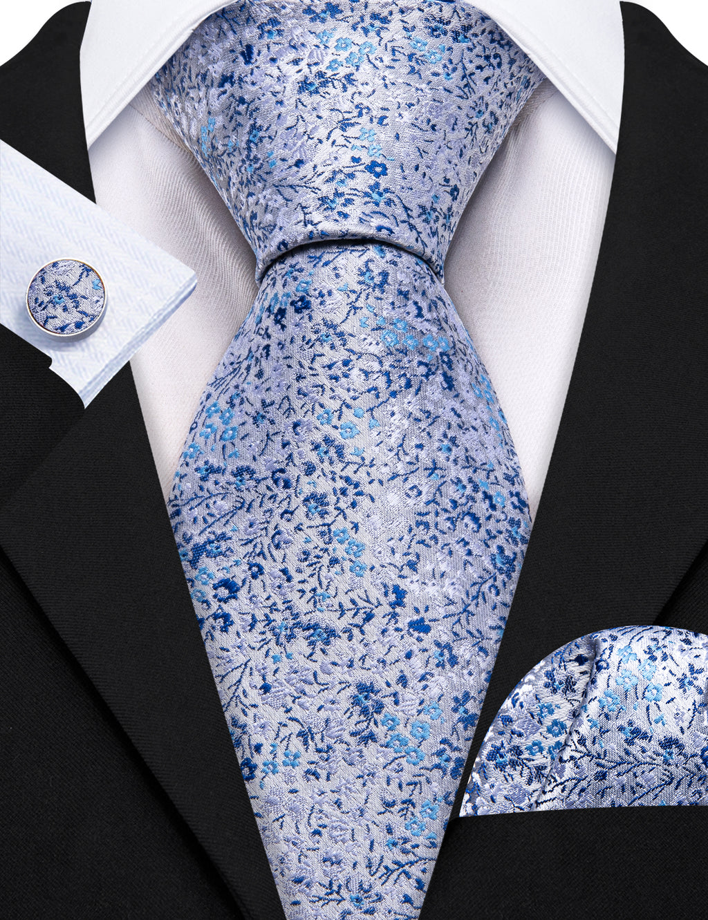 Light Blue Floral Silk Tie, Pocket Square and Cufflinks Set tie sets    - Sophisticated Gentlemen