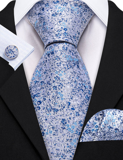 Light Blue Floral Silk Tie, Pocket Square and Cufflinks Set tie sets    - Sophisticated Gentlemen