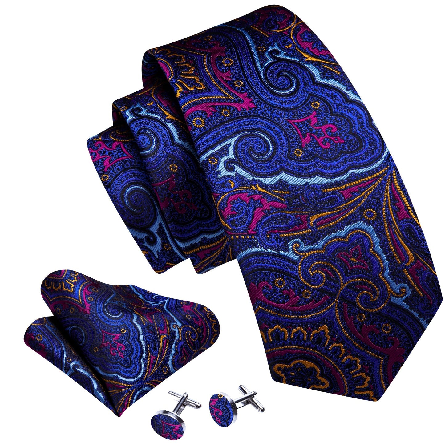 Blue, Orange and Pink Paisley Silk Tie, Pocket Square and Cufflinks tie sets    - Sophisticated Gentlemen