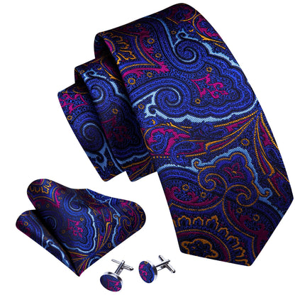 Blue, Orange and Pink Paisley Silk Tie, Pocket Square and Cufflinks tie sets    - Sophisticated Gentlemen