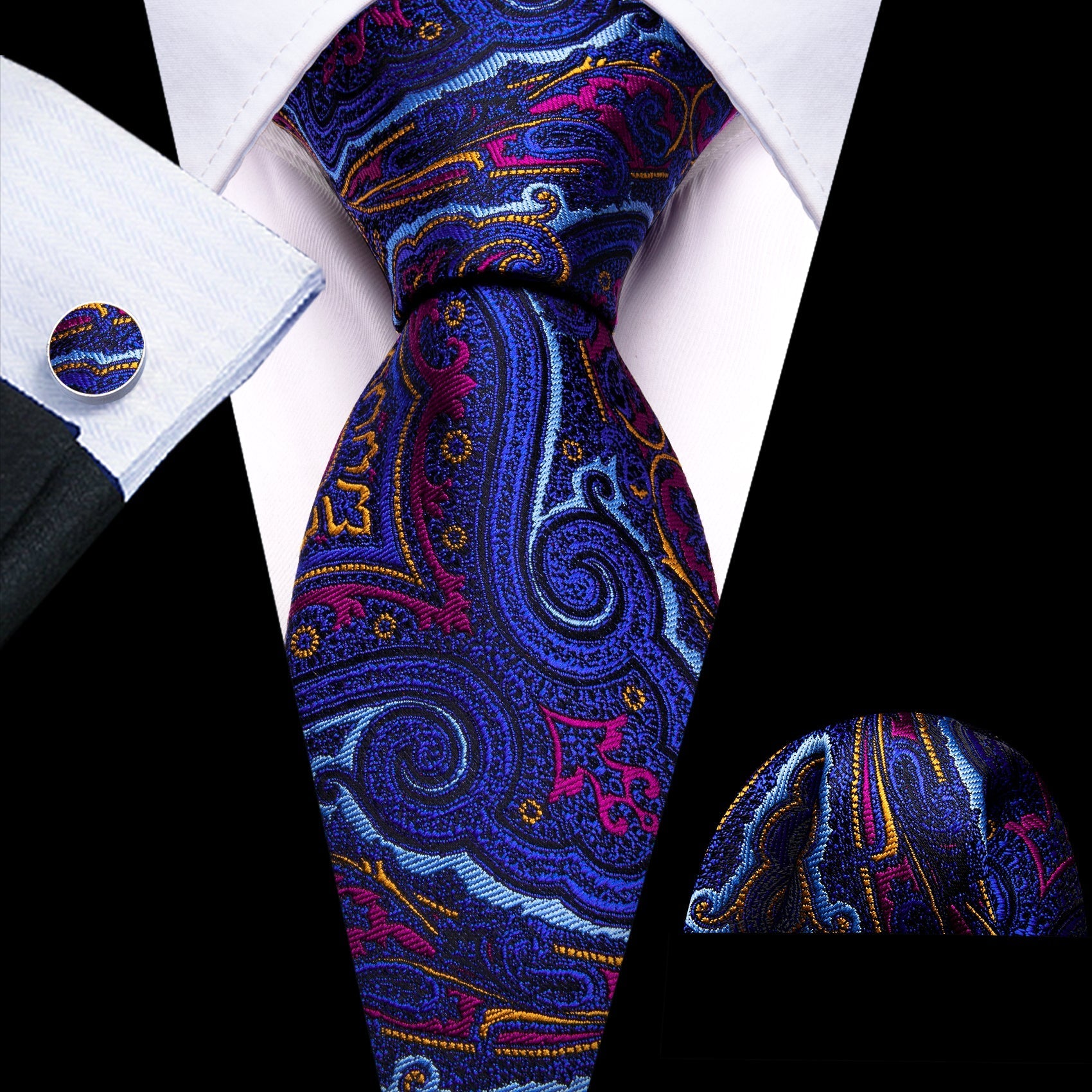 Blue, Orange and Pink Paisley Silk Tie, Pocket Square and Cufflinks tie sets Standard packaging   - Sophisticated Gentlemen