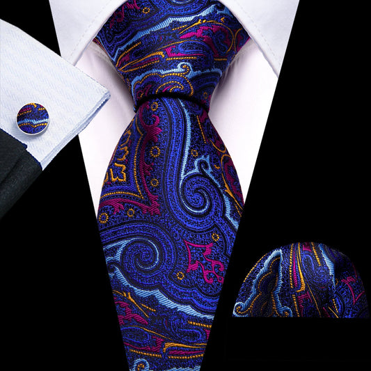 Blue, Orange and Pink Paisley Silk Tie, Pocket Square and Cufflinks tie sets Standard packaging   - Sophisticated Gentlemen