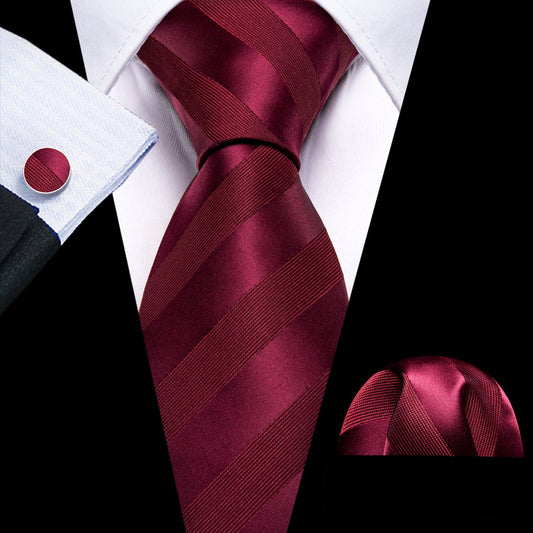 Burgundy Red Striped Tie, Pocket Square and Cufflinks Set tie sets    - Sophisticated Gentlemen