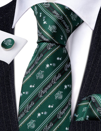Dark Green Floral Striped Silk Tie, Pocket Square and Cufflinks Set tie sets    - Sophisticated Gentlemen