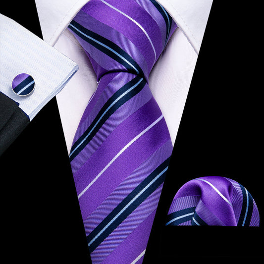 Purple White Striped Silk Tie, Pocket Square and Cufflinks Set tie sets    - Sophisticated Gentlemen