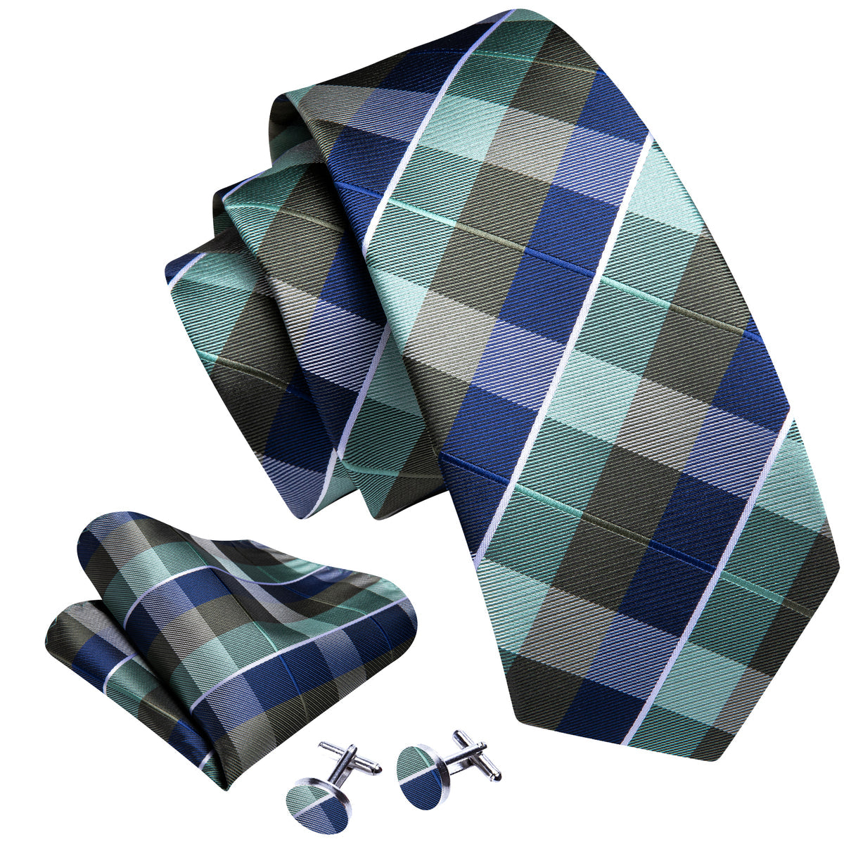 Blue Green Novetly Plaid Tie, Pocket Square and Cufflinks Set tie sets    - Sophisticated Gentlemen