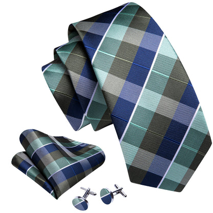 Blue Green Novetly Plaid Tie, Pocket Square and Cufflinks Set tie sets    - Sophisticated Gentlemen