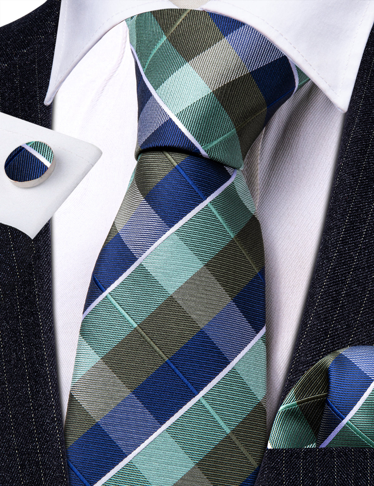 Blue Green Novetly Plaid Tie, Pocket Square and Cufflinks Set tie sets    - Sophisticated Gentlemen