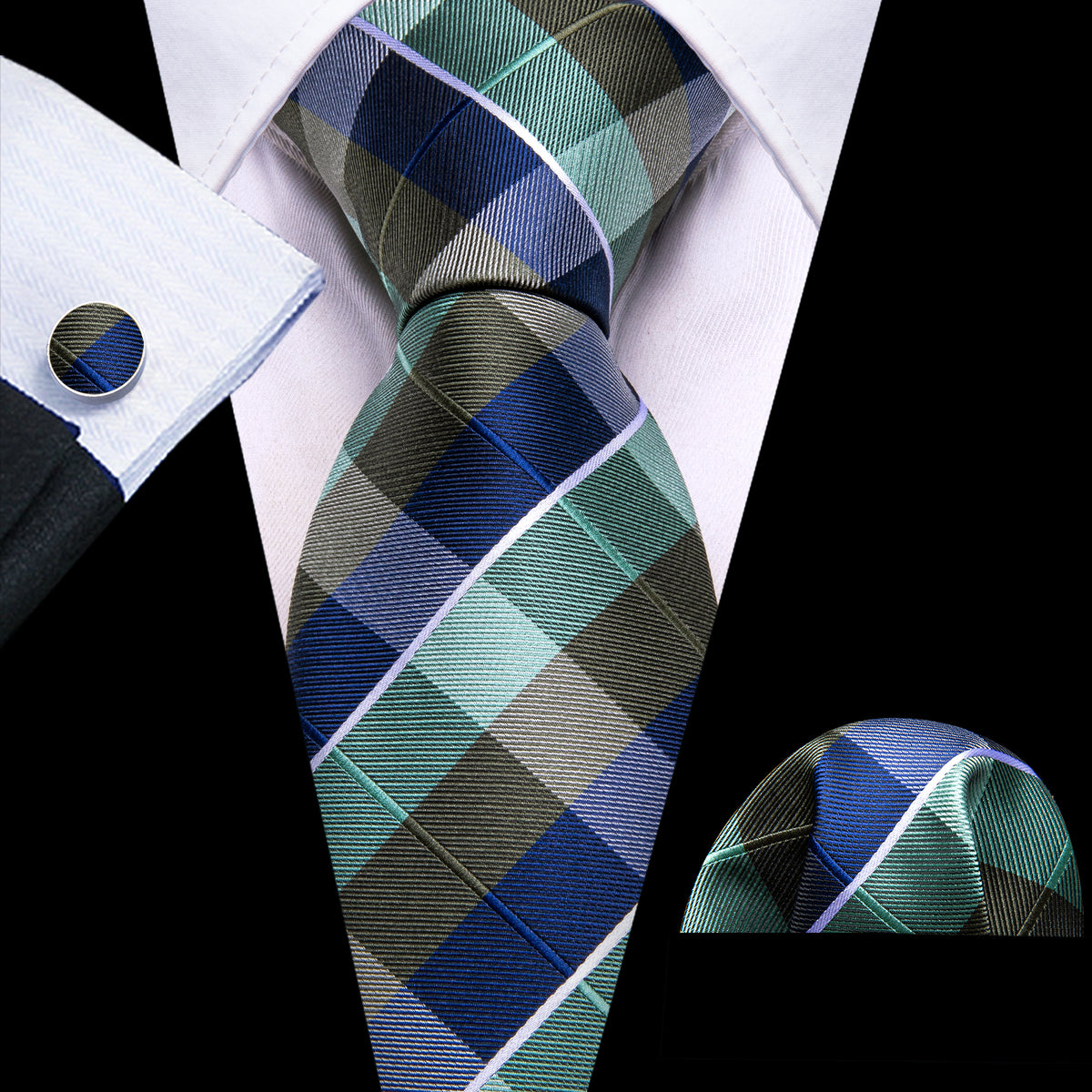 Blue Green Novetly Plaid Tie, Pocket Square and Cufflinks Set tie sets    - Sophisticated Gentlemen