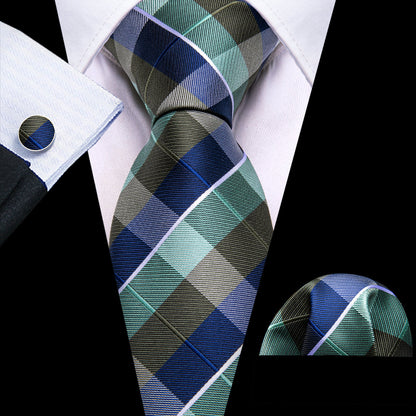 Blue Green Novetly Plaid Tie, Pocket Square and Cufflinks Set tie sets    - Sophisticated Gentlemen