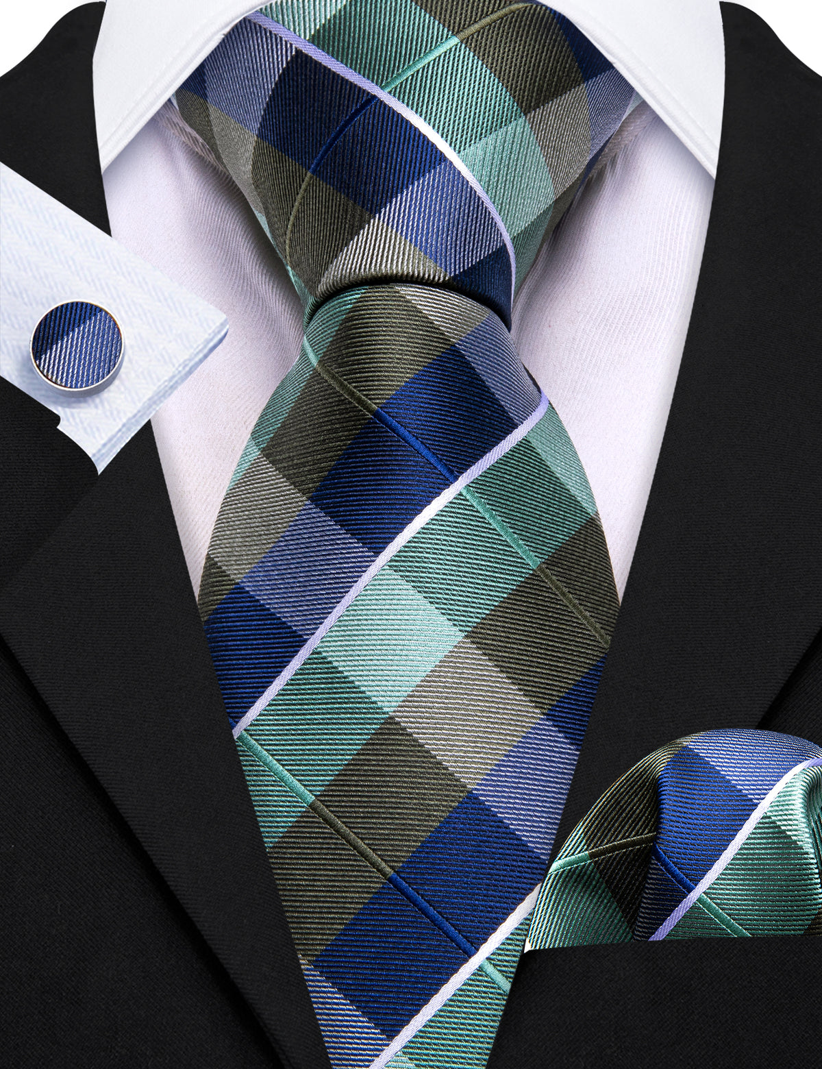 Blue Green Novetly Plaid Tie, Pocket Square and Cufflinks Set tie sets    - Sophisticated Gentlemen