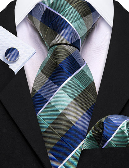 Blue Green Novetly Plaid Tie, Pocket Square and Cufflinks Set tie sets    - Sophisticated Gentlemen