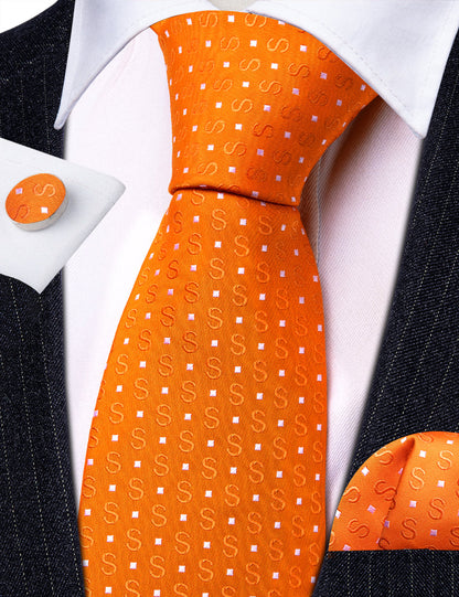 Orange White Floral Silk Tie, Pocket Square and Cufflinks Set tie sets    - Sophisticated Gentlemen