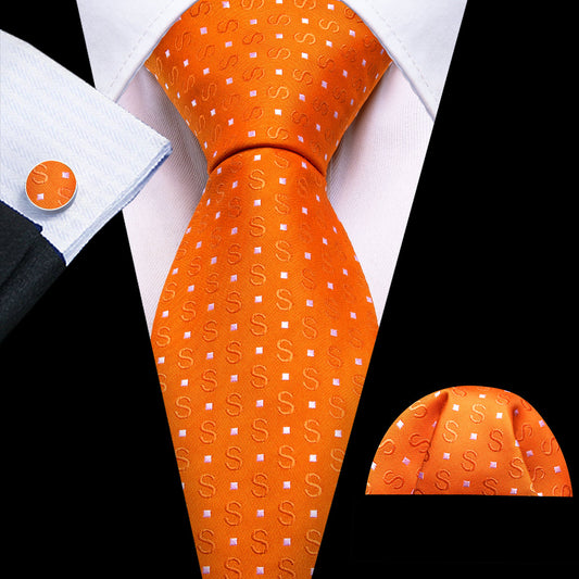 Orange White Floral Silk Tie, Pocket Square and Cufflinks Set tie sets    - Sophisticated Gentlemen