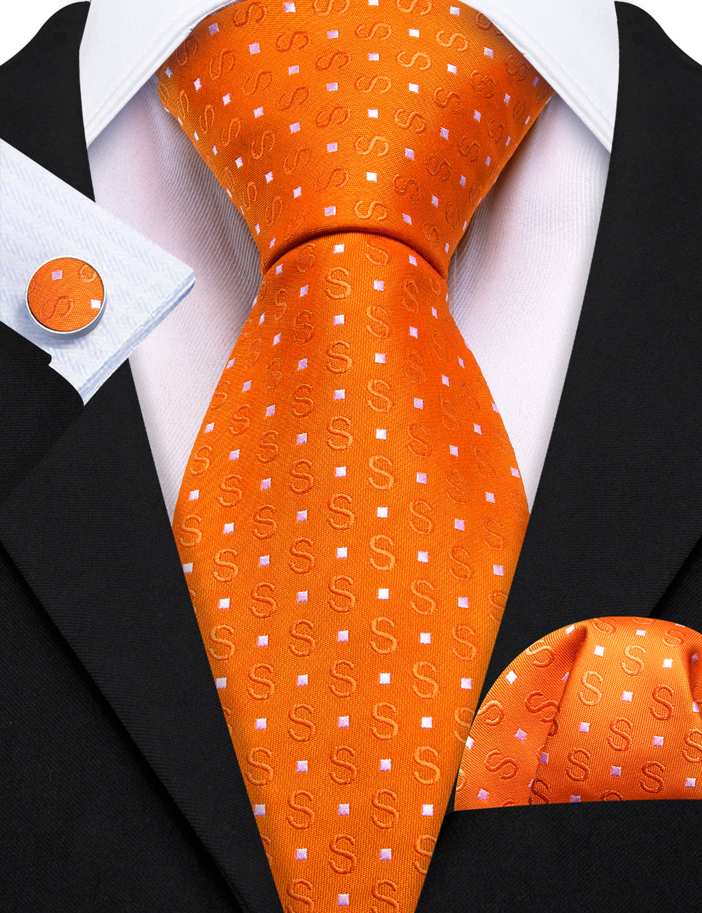 Orange White Floral Silk Tie, Pocket Square and Cufflinks Set tie sets    - Sophisticated Gentlemen