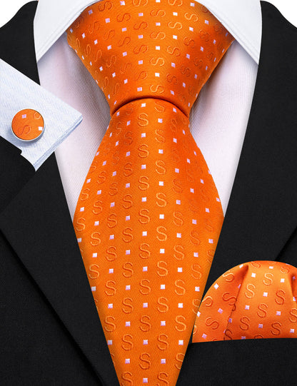 Orange White Floral Silk Tie, Pocket Square and Cufflinks Set tie sets    - Sophisticated Gentlemen