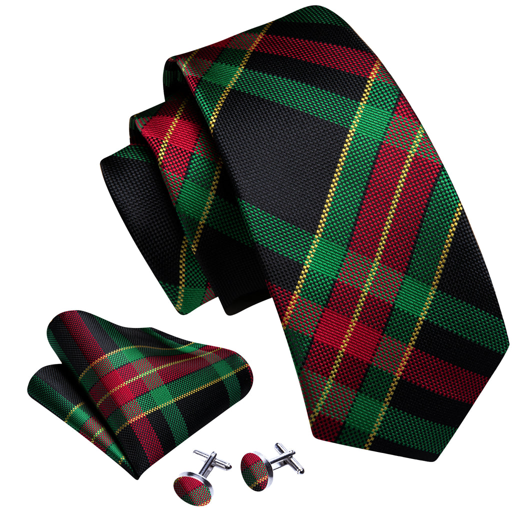 Green and Red Scottish Plaid Woven Tie, Pocket Square, and Cufflinks Set tie sets    - Sophisticated Gentlemen