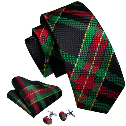 Green and Red Scottish Plaid Woven Tie, Pocket Square, and Cufflinks Set tie sets    - Sophisticated Gentlemen