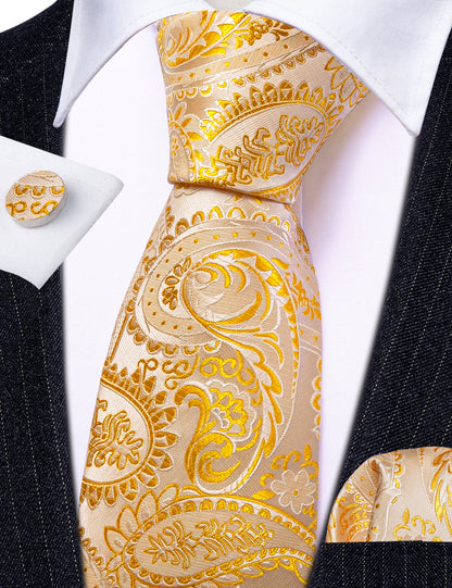 Light Orange Silver Paisley Tie, Pocket Square and Cufflinks Set tie sets    - Sophisticated Gentlemen
