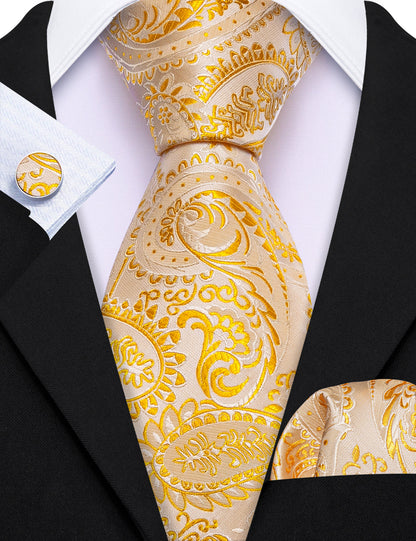 Light Orange Silver Paisley Tie, Pocket Square and Cufflinks Set tie sets    - Sophisticated Gentlemen