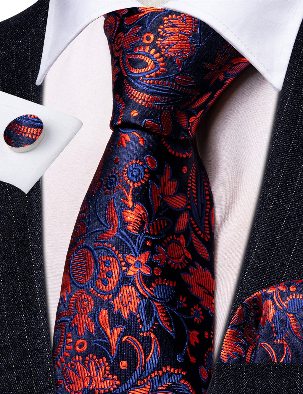 Blue Orange Floral Tie, Pocket Square and Cufflinks Set tie sets    - Sophisticated Gentlemen