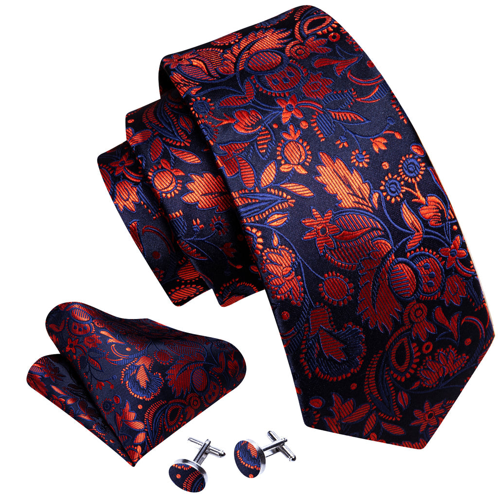 Blue Orange Floral Tie, Pocket Square and Cufflinks Set tie sets    - Sophisticated Gentlemen