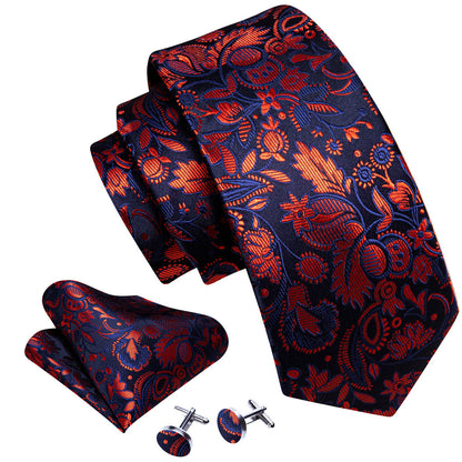 Blue Orange Floral Tie, Pocket Square and Cufflinks Set tie sets    - Sophisticated Gentlemen