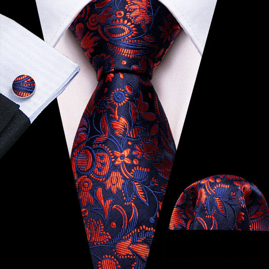Blue Orange Floral Tie, Pocket Square and Cufflinks Set tie sets    - Sophisticated Gentlemen