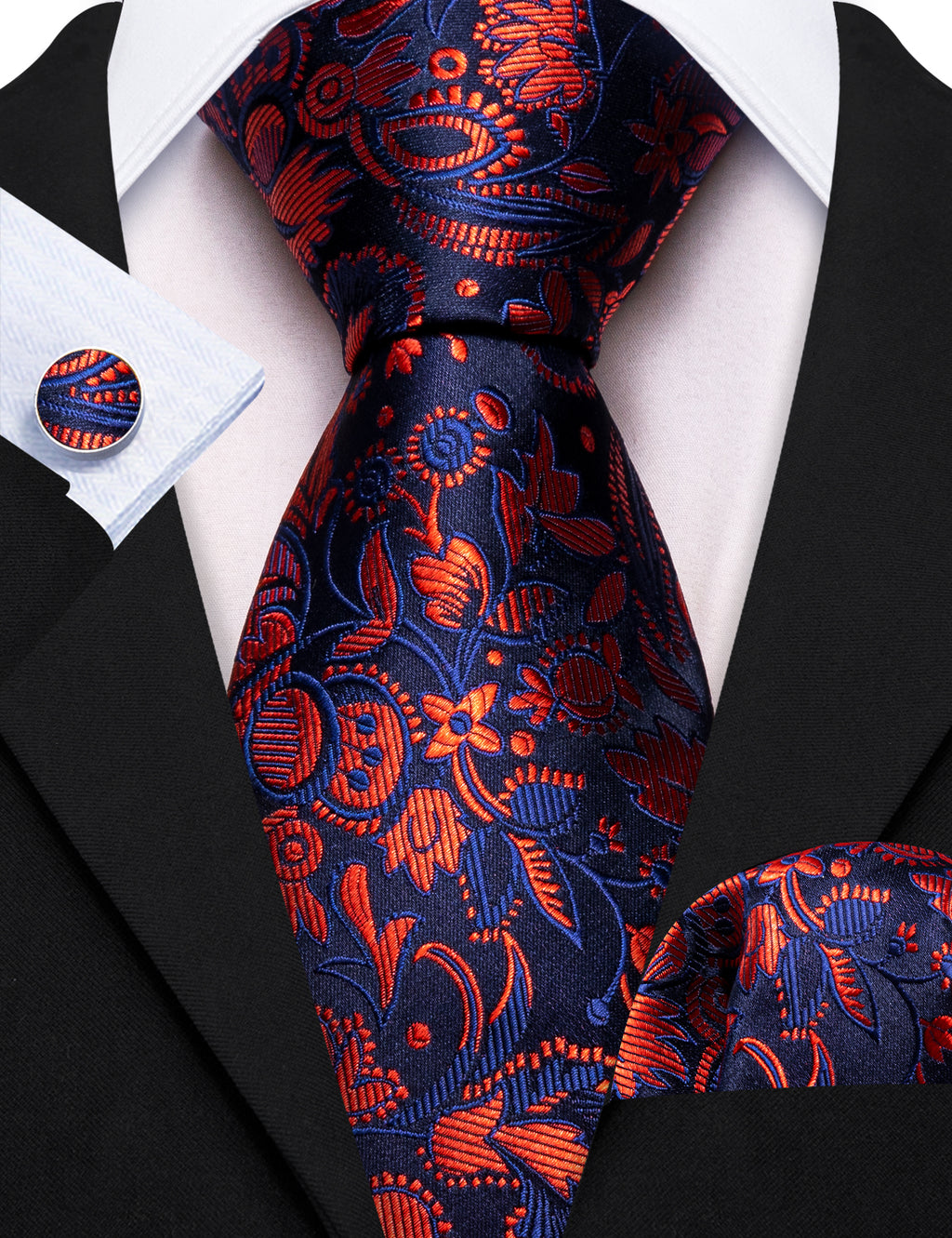 Blue Orange Floral Tie, Pocket Square and Cufflinks Set tie sets    - Sophisticated Gentlemen